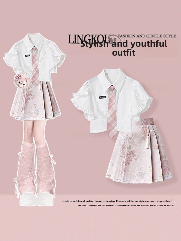 Korean Lifestyle - ชุดฤดูร้อนสุดหรูสำหรับผู้หญิง เสื้อสไตล์เกาหลีพร้อมแขนเสื้อทรงปีกนกเล็กๆ และกระโปรงทรงฮันฝู ชุดสองชิ้น ไซส์ใหญ่