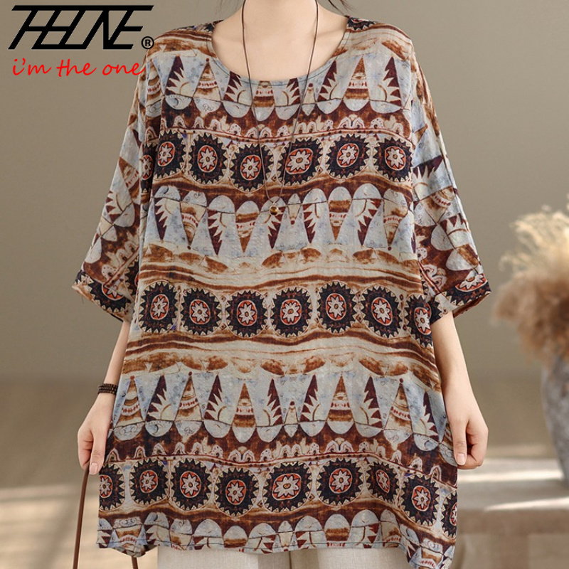Korean Lifestyle - เสื้อผู้หญิงไซส์ใหญ่ THHONE แฟชั่นฤดูร้อน ผ้าฝ้ายลินิน สไตล์ลำลอง พิมพ์ลายต่อผ้า