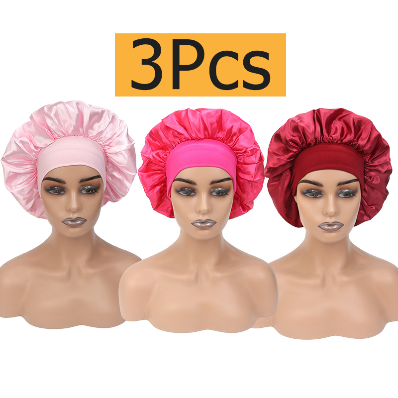 Sleeping Pack Overnight - หมวกคลุมผมผ้าไหมซาติน 3 ชิ้น หมวกคลุมผมสำหรับนอนหลับตอนกลางคืน หมวกดูแลเส้นผมพร้อมสายยางยืดสำหรับผมยาวหยิกและเป็นลอน