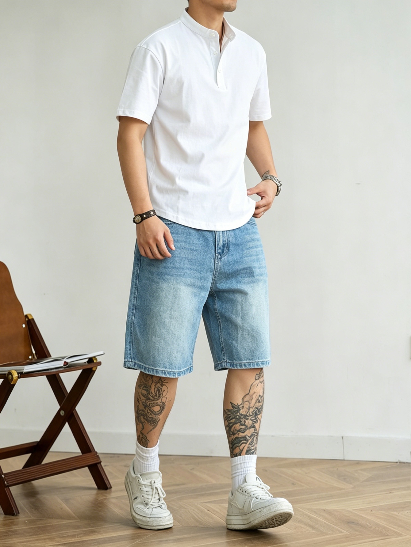 กางเกงยีนส์ขาสั้นทรงหลวมสีน้ำเ - Korean Men Lifestyle บทวิจารณ์และราคา